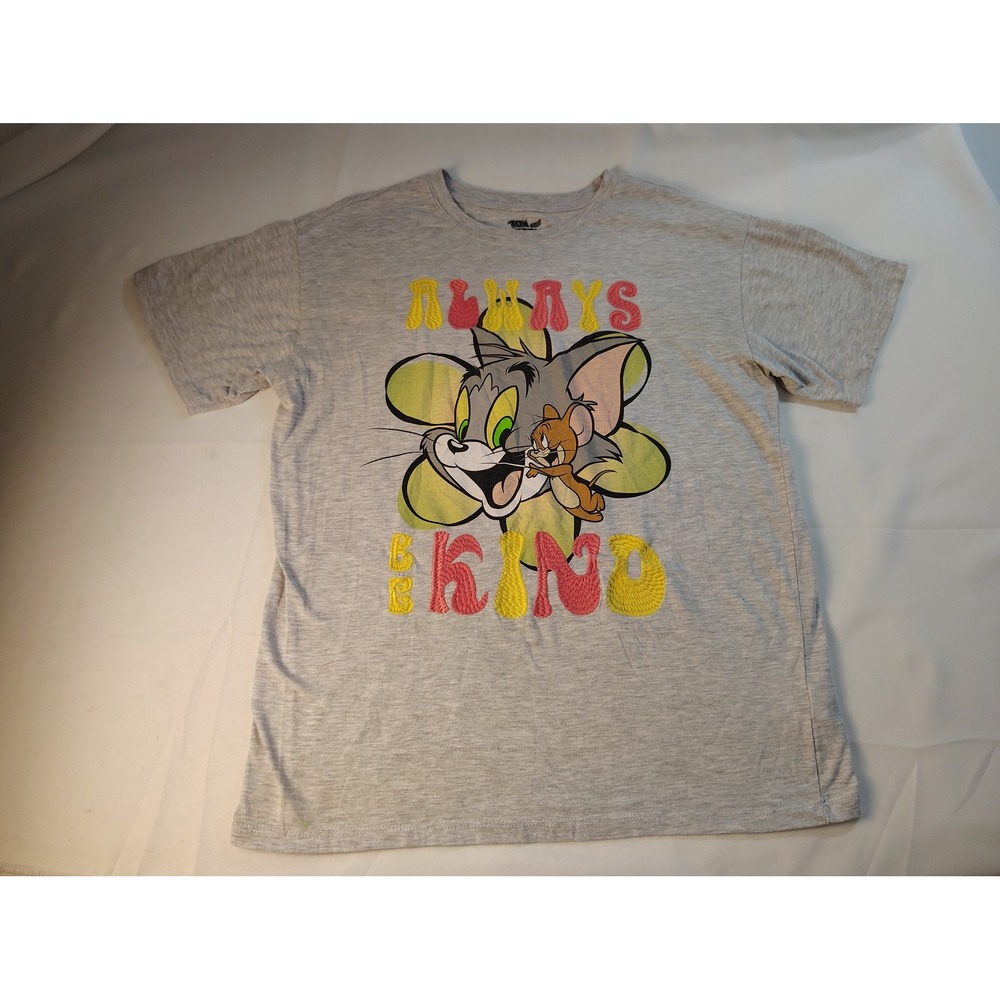 Tom and Jerry Always Be Kind Graphic‎ Tee Grey Embroidered Flower Shirt M 8-10